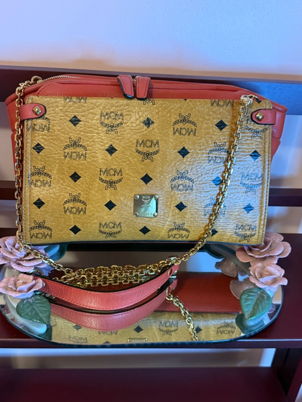 MCM Tan Visetos Monogram Crossbody with Coral Trim